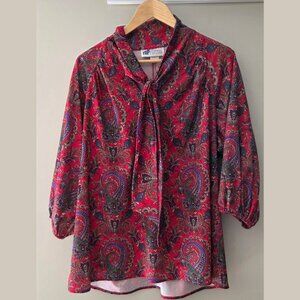 Vintage Neck Bow Long Sleeve Paisley Blouse red satiny